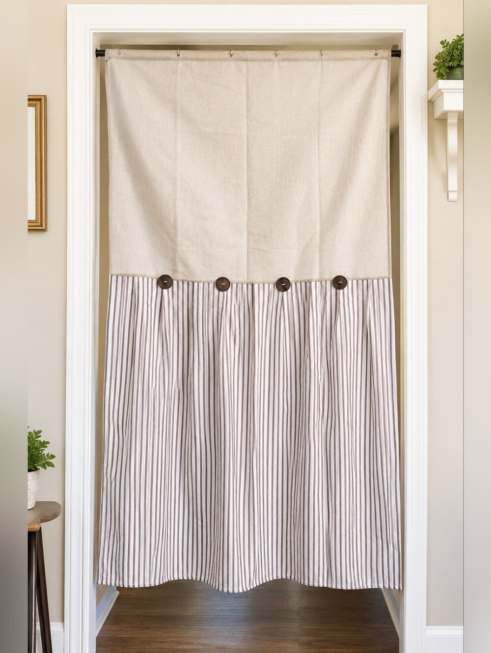 Farmhouse Stripe Doorway Curtain Panel Set 30x72 Beige Brown Buttons w/ Rings